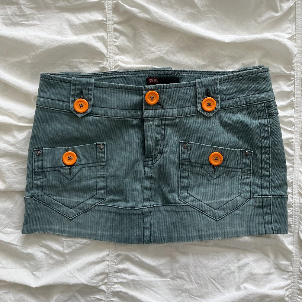 Vintage Diesel Faded Blue Cargo Denim Orange Button Micro Mini Skirt 27